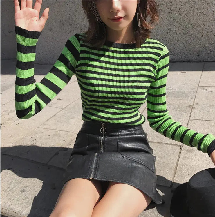 Chic Women's Striped Knit Top - Long Sleeve Sweater