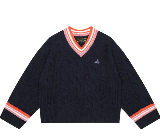 French Style Loose Color Block V-Neck Wool Sweater