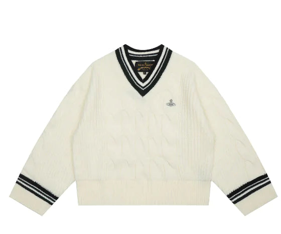 French Style Loose Color Block V-Neck Wool Sweater