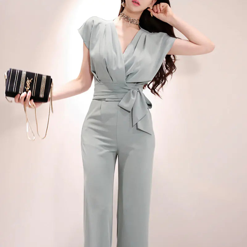 Elegant V-Neck Tie Top and Fashion Pants Set