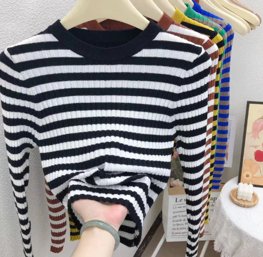 Chic Women's Striped Knit Top - Long Sleeve Sweater