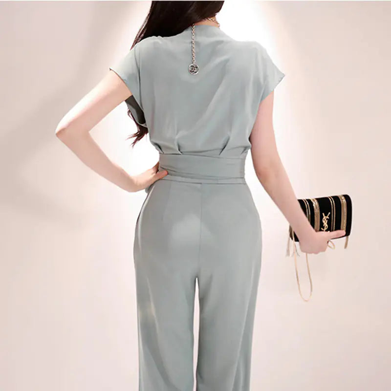 Elegant V-Neck Tie Top and Fashion Pants Set