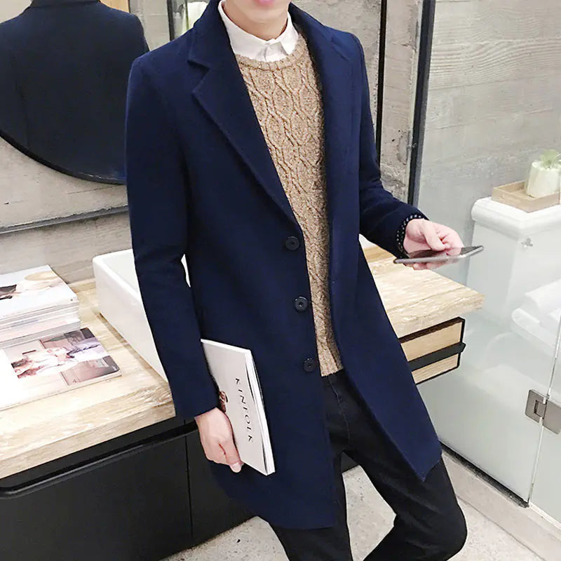 Slim-Fit Woolen Trench Coat for Men