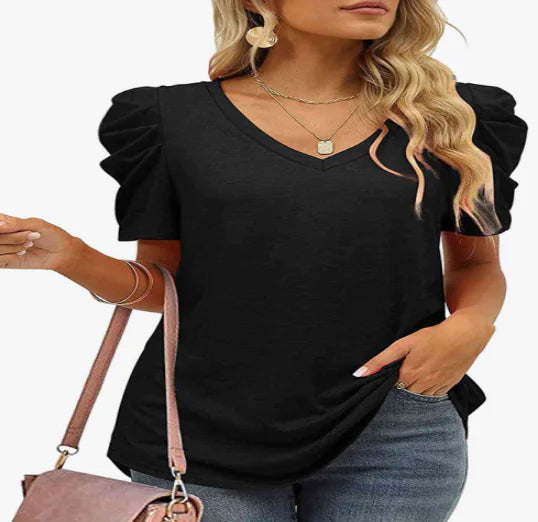 V-Neck Puff Sleeve T-Shirt for Women (One Piece)