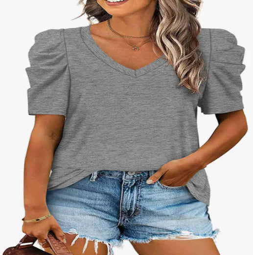 V-Neck Puff Sleeve T-Shirt for Women (One Piece)
