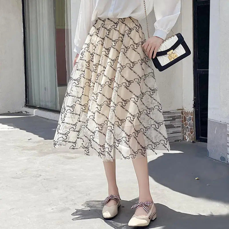 High Waist Velvet Mesh Skirt with Wide Hem