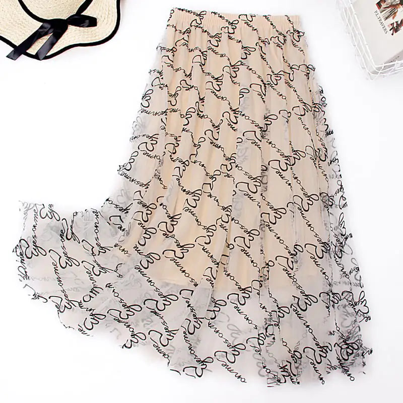 High Waist Velvet Mesh Skirt with Wide Hem