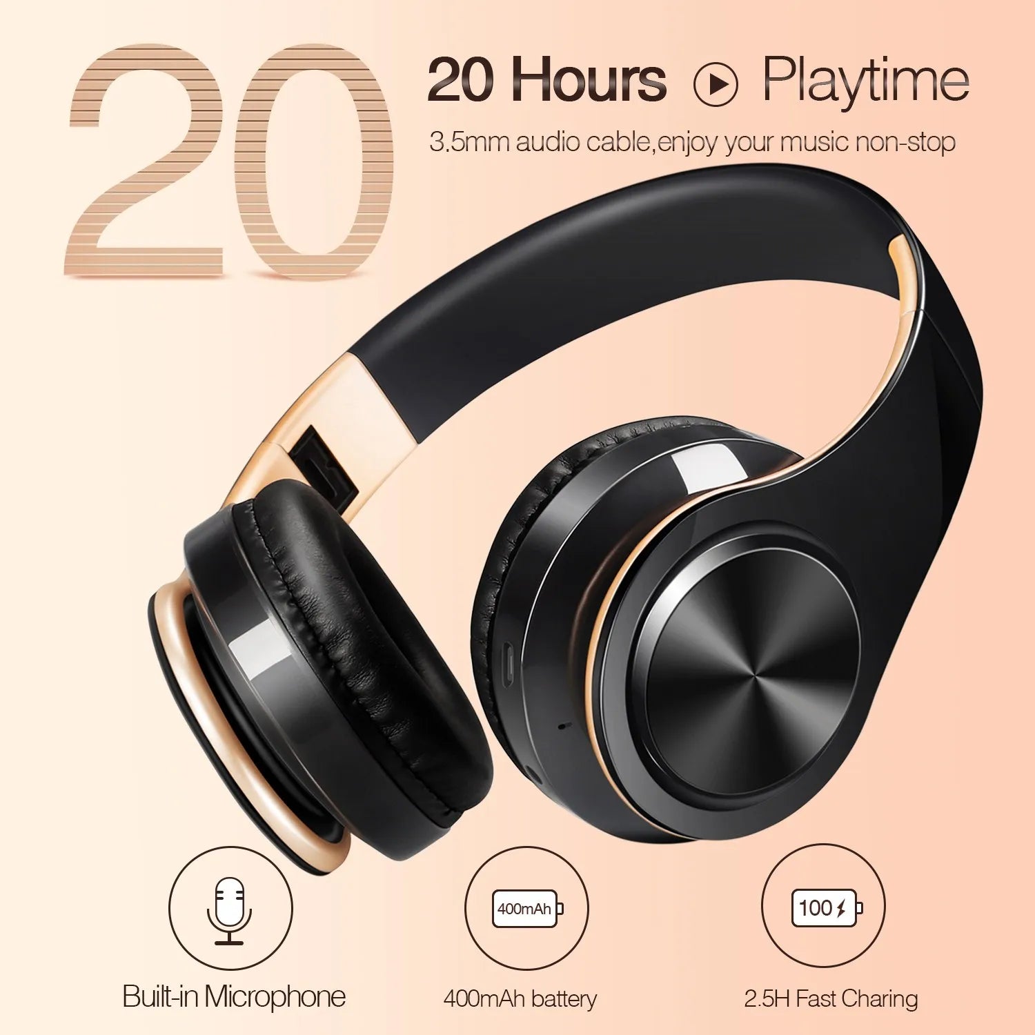 NNEOBA Wireless Bluetooth Headphones Gold