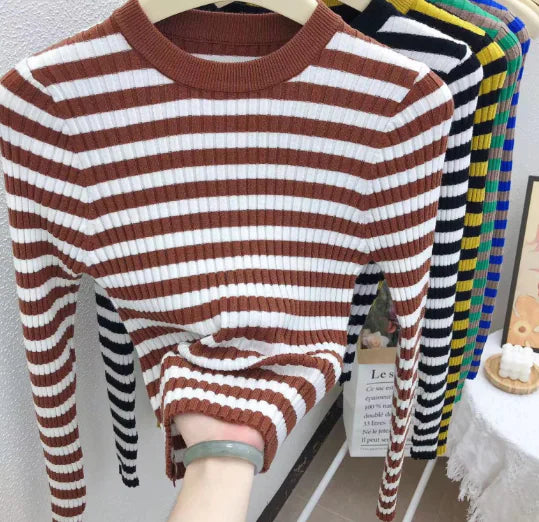 Chic Women's Striped Knit Top - Long Sleeve Sweater