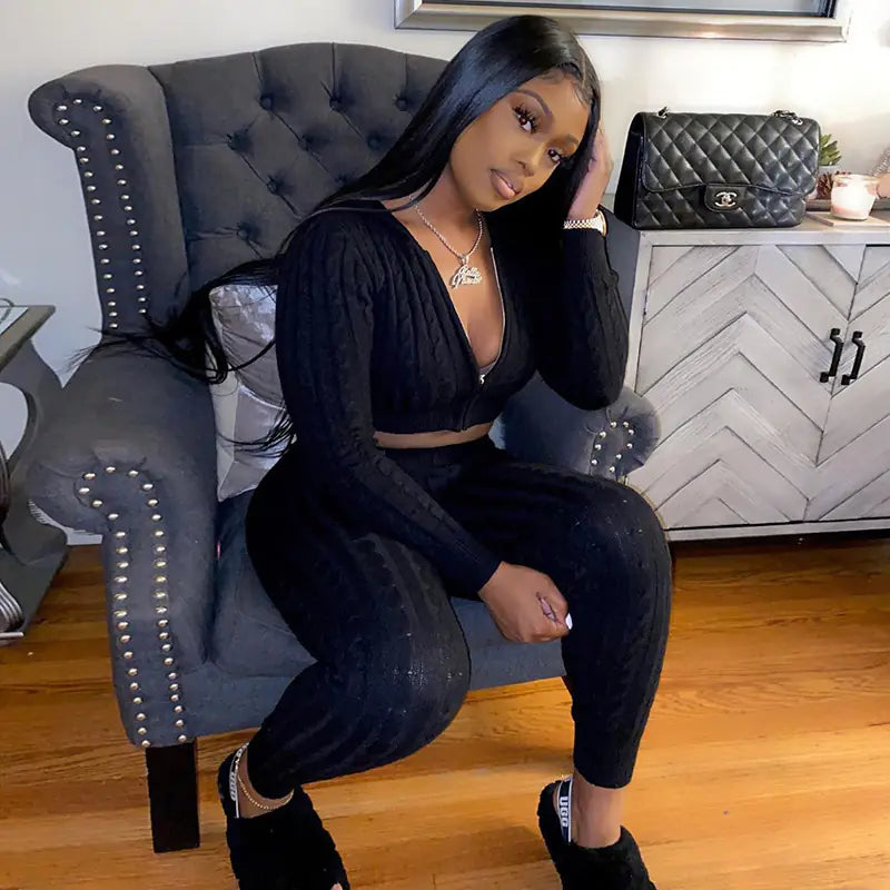 Hooded Long Sleeve Cardigan and Fitted Pants Set