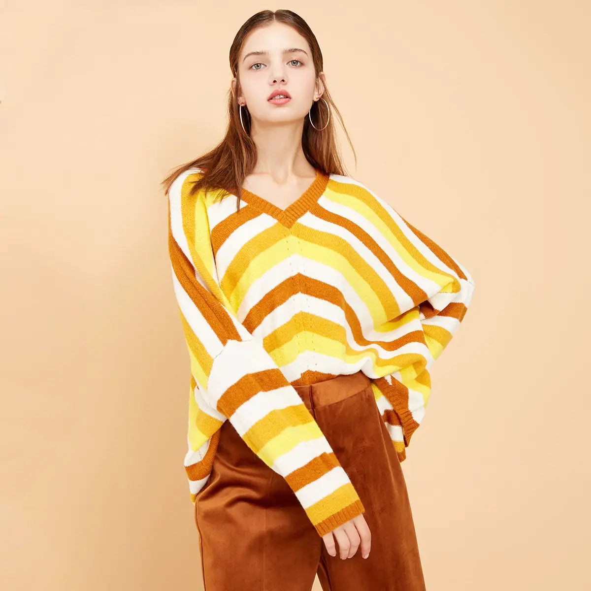 2020 Women's Striped Loose V-Neck Knit Sweater