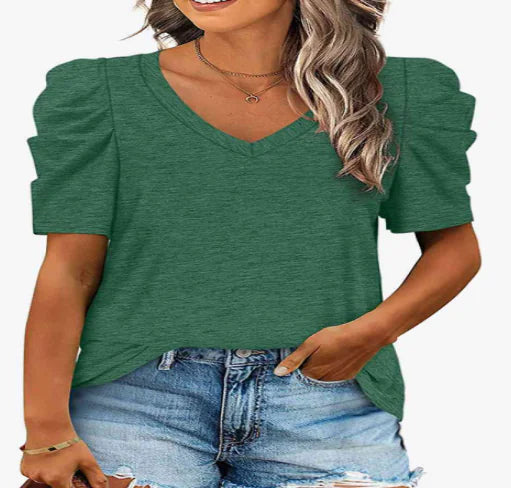 V-Neck Puff Sleeve T-Shirt for Women (One Piece)