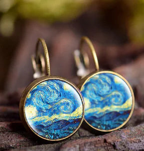 Vintage Oil Painting Art Earrings with Gemstone Hooks (Pair)