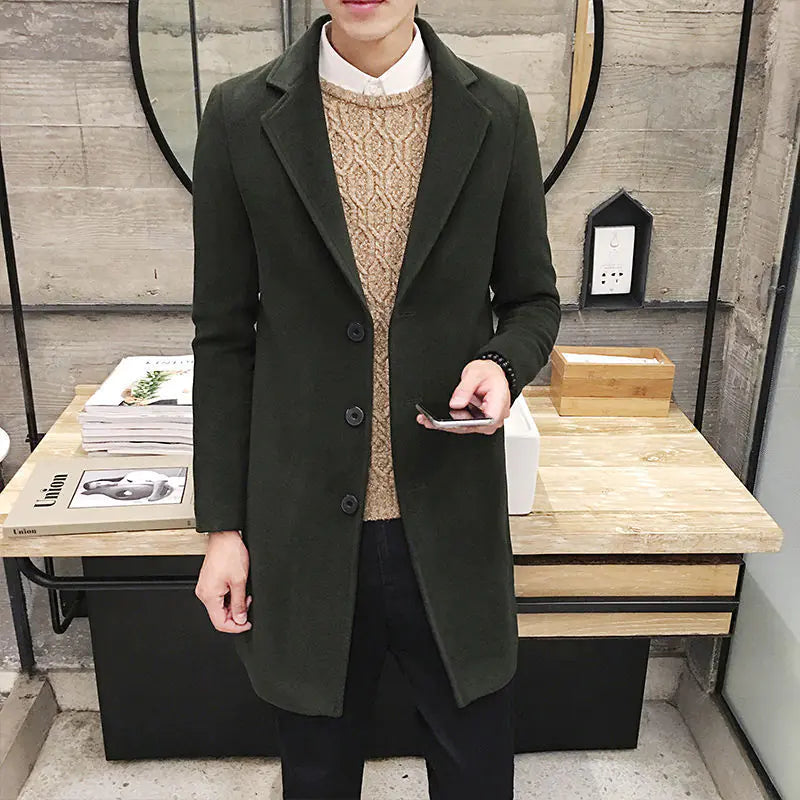 Slim-Fit Woolen Trench Coat for Men
