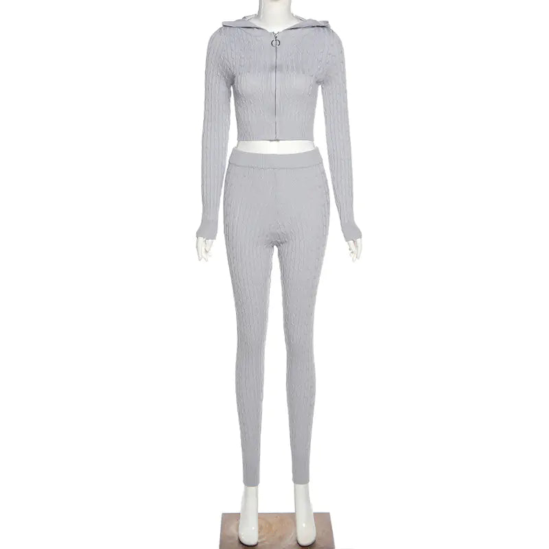 Hooded Long Sleeve Cardigan and Fitted Pants Set