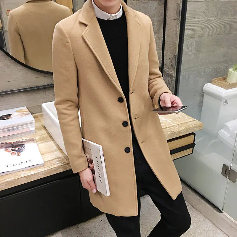 Slim-Fit Woolen Trench Coat for Men