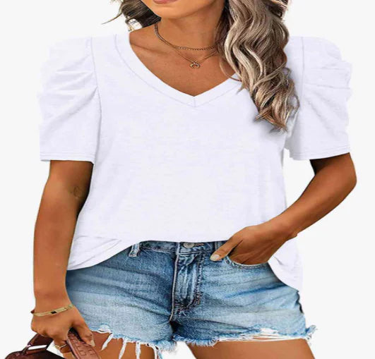 V-Neck Puff Sleeve T-Shirt for Women (One Piece)