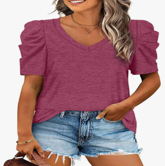 V-Neck Puff Sleeve T-Shirt for Women (One Piece)
