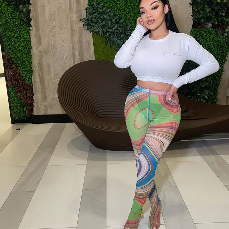 Swirl Print Slim Fit Colorful Trousers