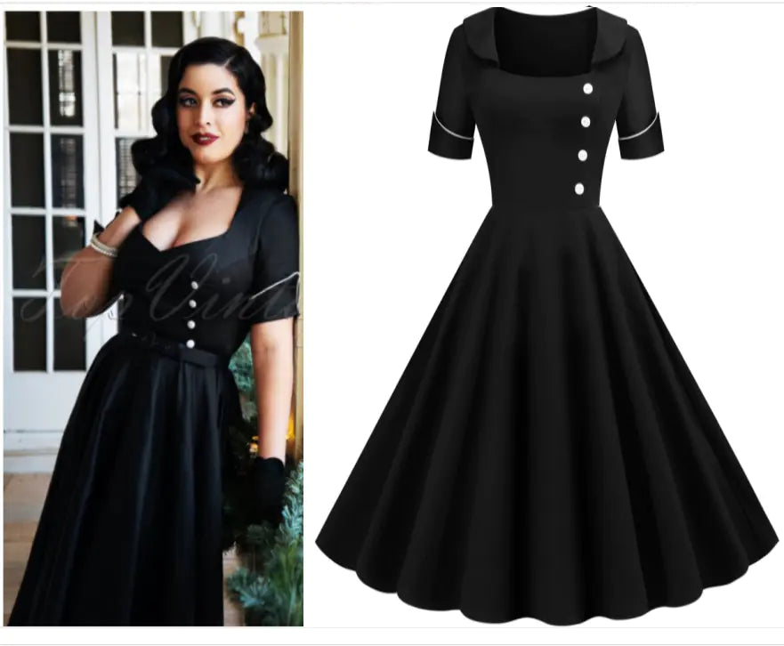 Vintage Button Puff Dress for Autumn and Winter