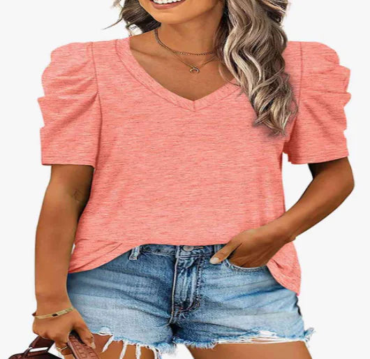 V-Neck Puff Sleeve T-Shirt for Women (One Piece)